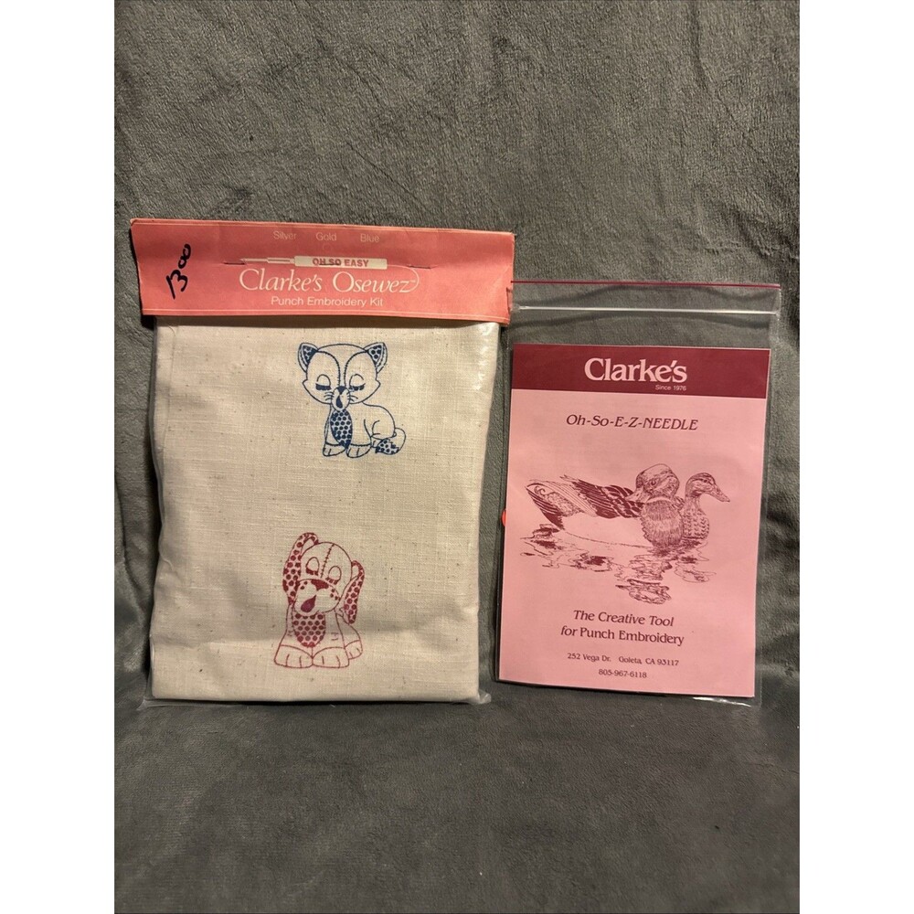 Vintage 80s Oh So Easy Clarke's Osewez Punch Embroidery Kit Cat & Dog Animals